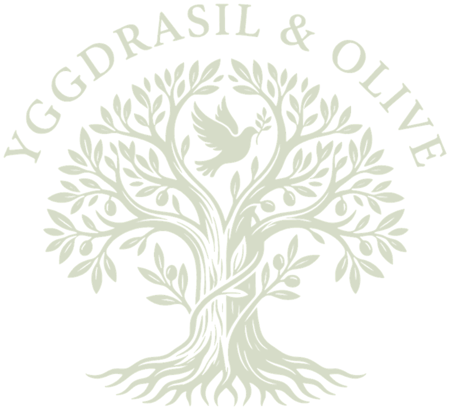 Yggdrasil & Olive のロゴ。一本に重なり合う二つの木と、オリーブの枝を運ぶ鳩。